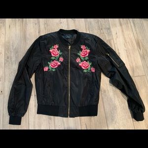 Floral Embroidered Black Bomber Jacket